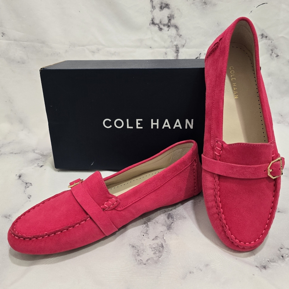 NIB Cole Haan Womens Emely Driver - Bright Berry Pink Faux Suede Moc Toe Loafers